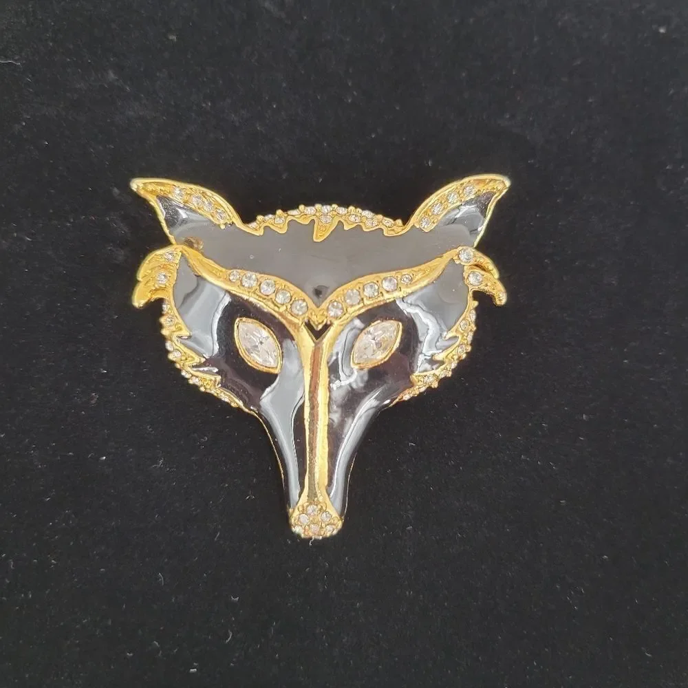 Vintage Fox Brooch Gold Toned Black Enamel Rhinestones
